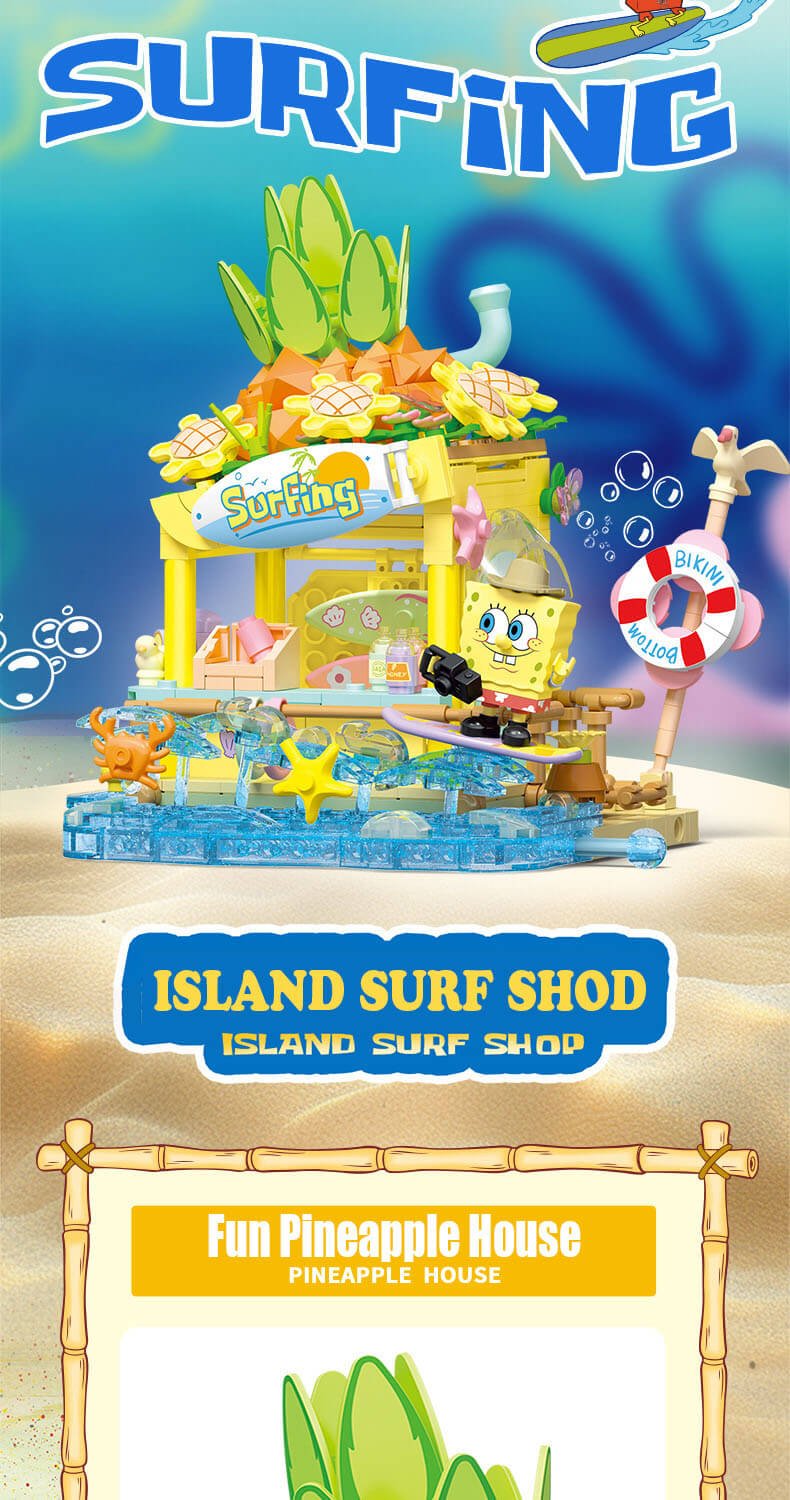 Sembo SpongeBob Colorful Street Scene Colorful Surf Shop, Island Dessert House