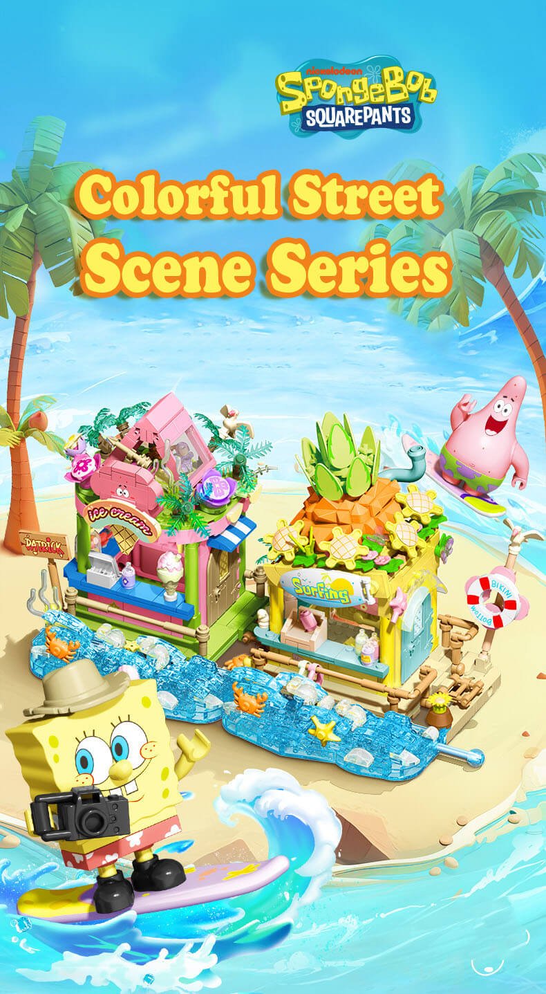 Sembo SpongeBob Colorful Street Scene Colorful Surf Shop, Island Dessert House