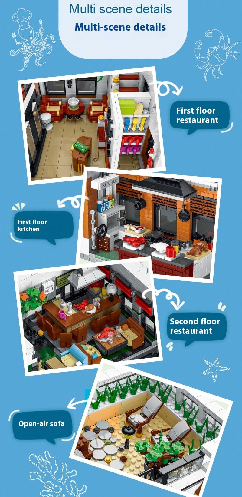 Seafood Restaurant Building Blocks Set with LED Lights, 3846 Pieces MOC Modular House Model Building Kit