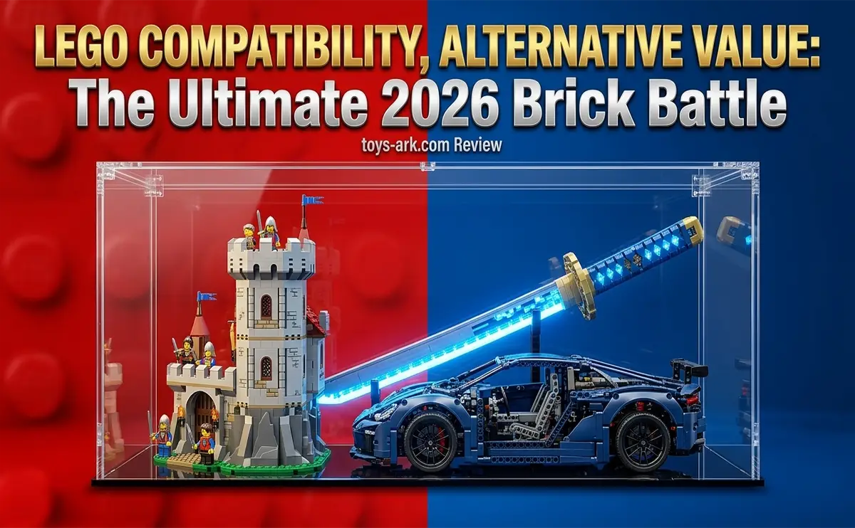 LEGO vs generic building block sets comparison with glowing anime sword and technic car models for toys-ark.com